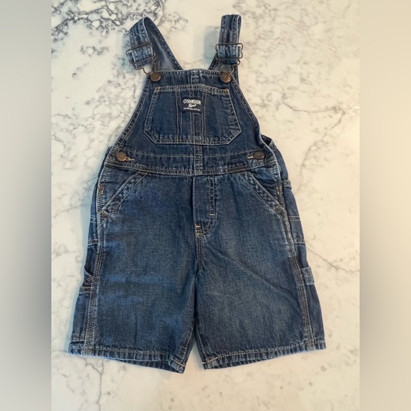 OshKosh B'gosh Denim Jean Carpenter Overall Shorts Infant Size 3 Toddler EUC - Picture 1 of 7